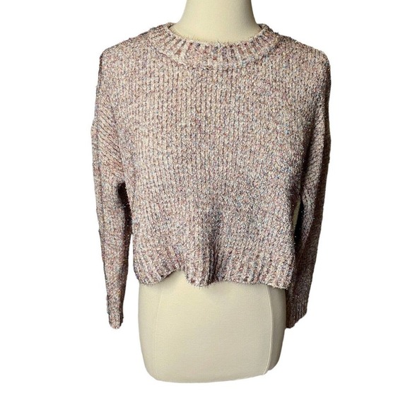 Honey Punch Womens Cropped Sparkly Fuzzy Knit Sweater Cream Size Small - Picture 1 of 8